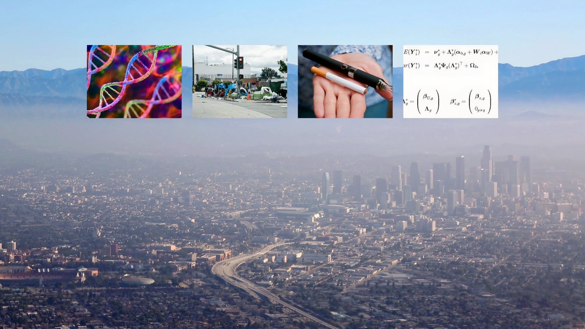 Los Angeles skyline with overlaid images of DNA strands, tents on the street, hand holding a cigarette and vape device, and mathematics